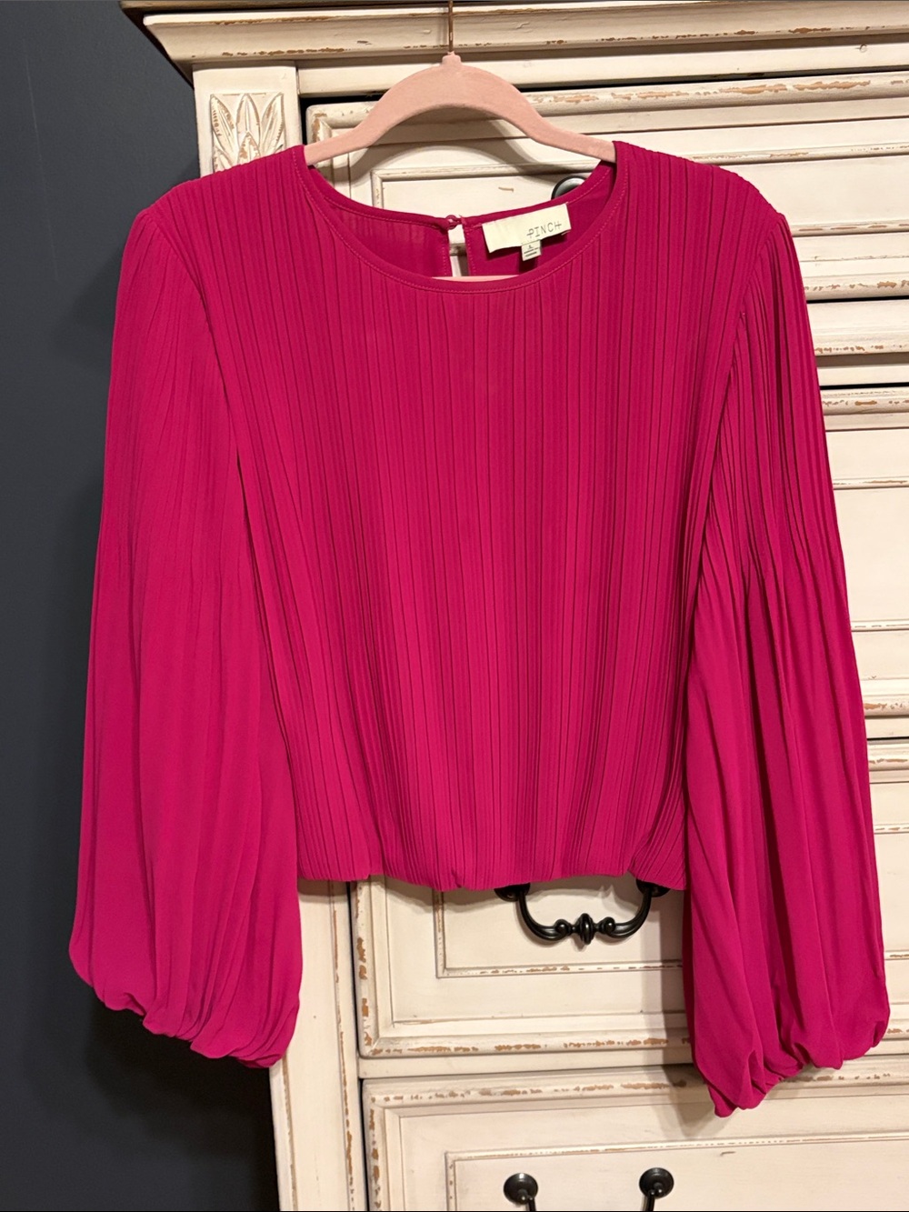 Pinch Hot Pink Pleated Balloon-Sleeve Blouse
